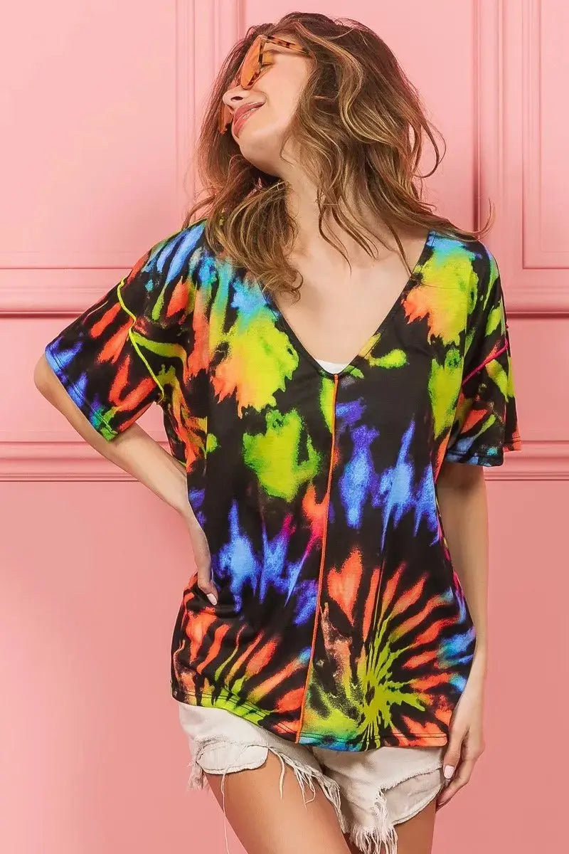 BiBi Tie Dye Print Jersey Stitched V Neck Top for Women - Love Salve